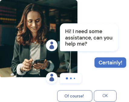AI Chatbot assisting woman with questions about call centre software for charities. 