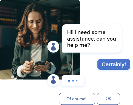 Group 10431 AI Chatbot assisting woman with questions about call centre software for charities.
